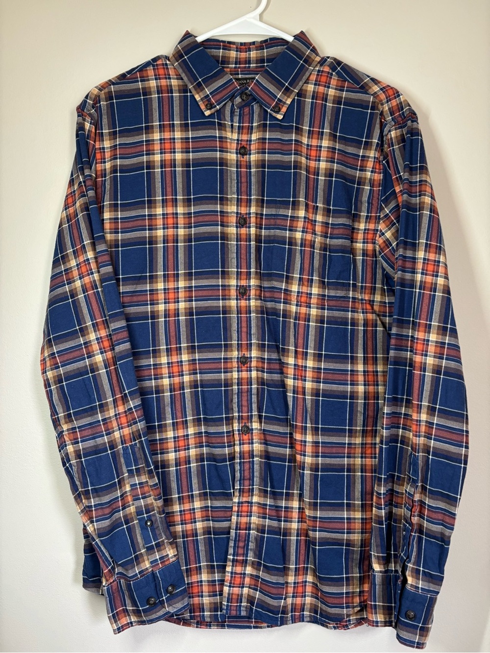 Banana Republic Navy Plaid Button-Down Shirt with Orange Accents
